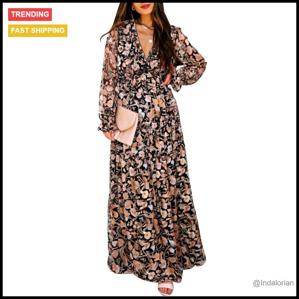 Boho Floral Maxi Dress V Neck Long Sleeve Casual Elegant Summer Wedding